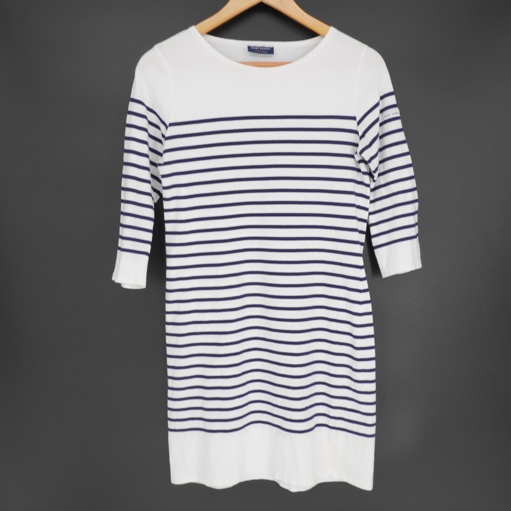 Saint James Breton Stripe Knee Length Dress Womens 4 Nautical Preppy White Navy